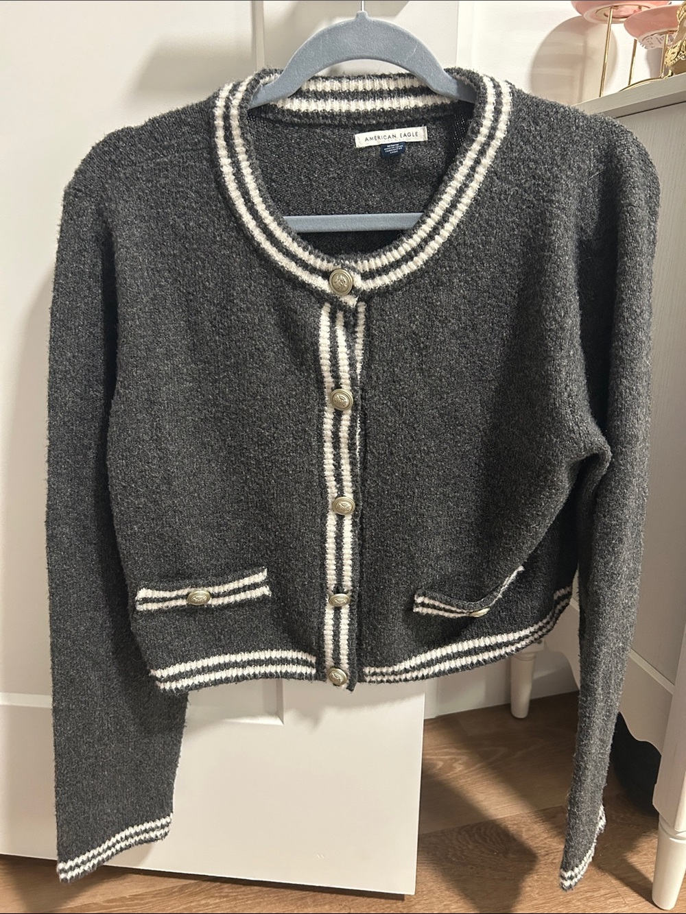 American Eagle Outfitters Charcoal and Cream Cropped Cardigan